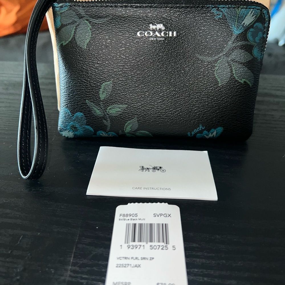 Coach Black and Teal Floral Wristlet